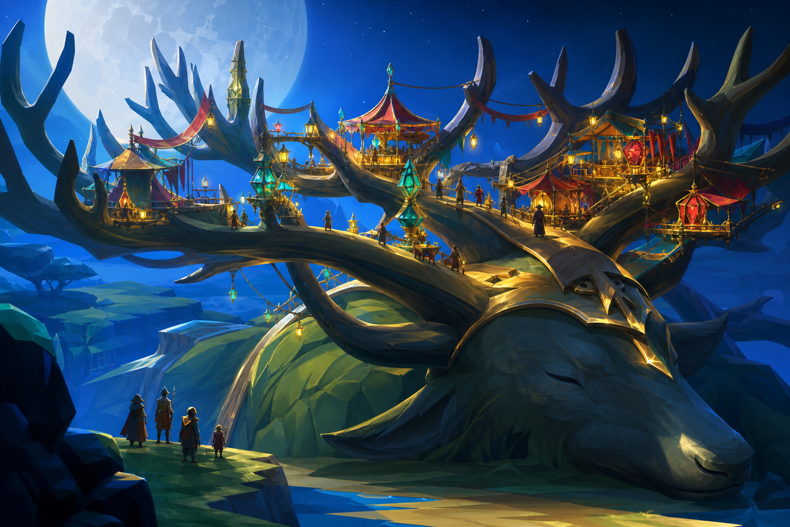 A moonlit market built across the antlers of a sleeping forest god, with tiny travelers revealing the monumental scale. Wide landscape composition with dramatic foreground framing. Emerald, stained-glass ruby, lapis, and
