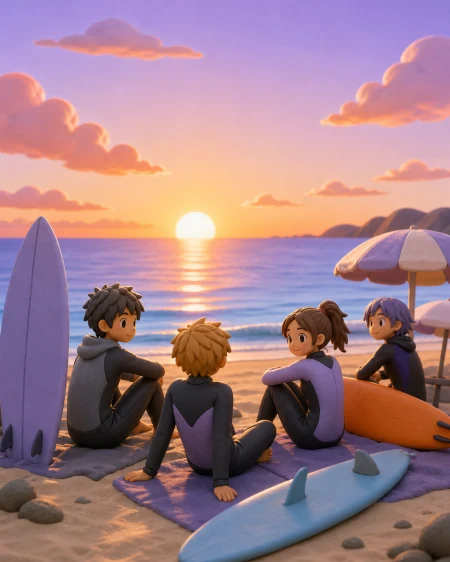 Teen surfers waiting together for a calm final wave, at sunset after the busiest visitors have gone. Intimate group scene framed by broad water and sky zones. Pale lavender, icy bl
