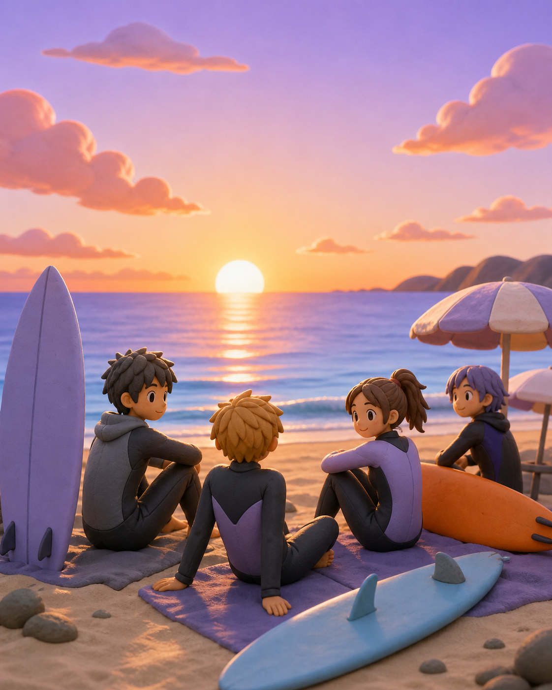 Teen surfers waiting together for a calm final wave, at sunset after the busiest visitors have gone. Intimate group scene framed by broad water and sky zones. Pale lavender, icy blue, graphite, and one warm orange focal 