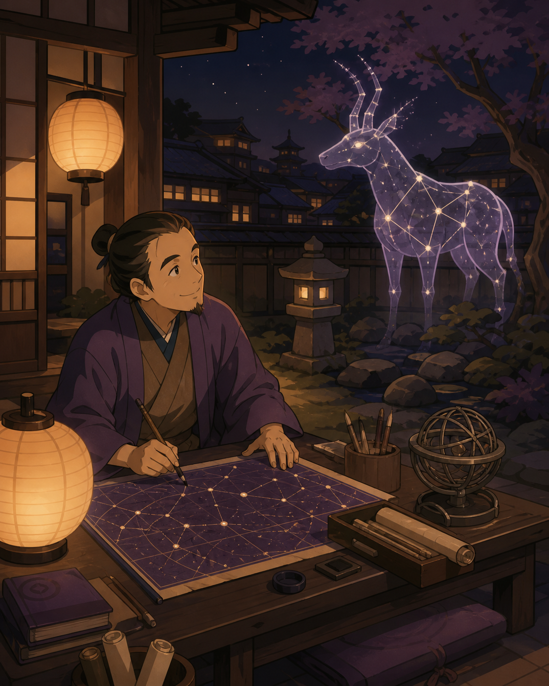 An Edo-period astronomer mapping a constellation that has descended into the garden, during ordinary work rather than a royal ceremony or battlefield. Painterly historical scene centered on work, place, and atmosphere. M