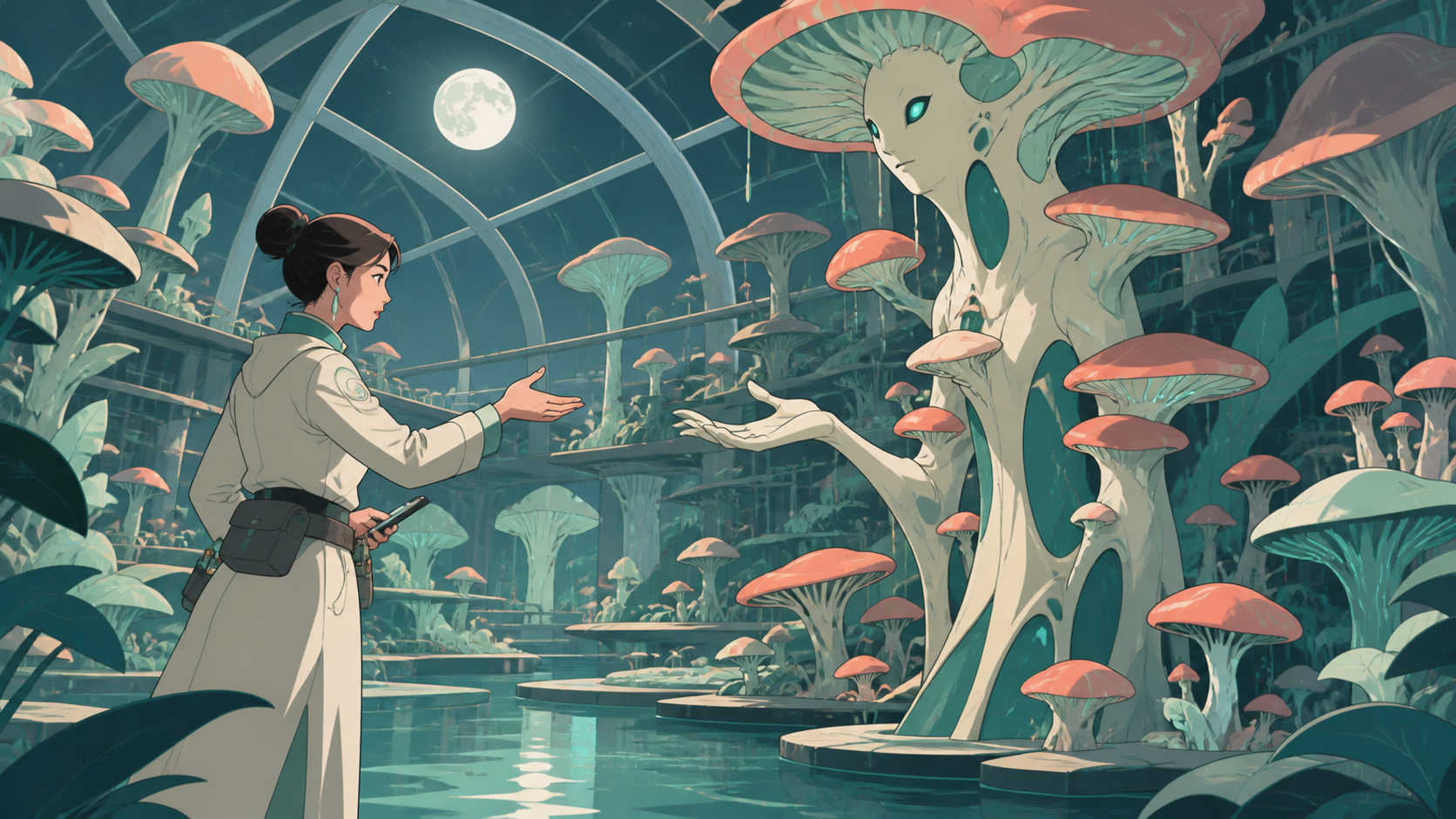 An adult botanist negotiating with a newly intelligent fungal forest, during a routine caretaking task that reveals the scale of the ecosystem. Architectural greenhouse vista structured by repeating organic forms. Sea-gl