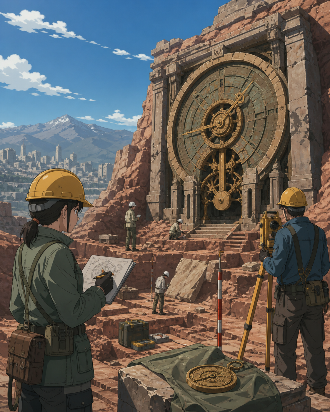 A mountain excavation revealing a ceremonial machine still keeping time, as a familiar artifact appears in an impossible historical context. Wide site view showing the relationship between researchers and discovery. Clay