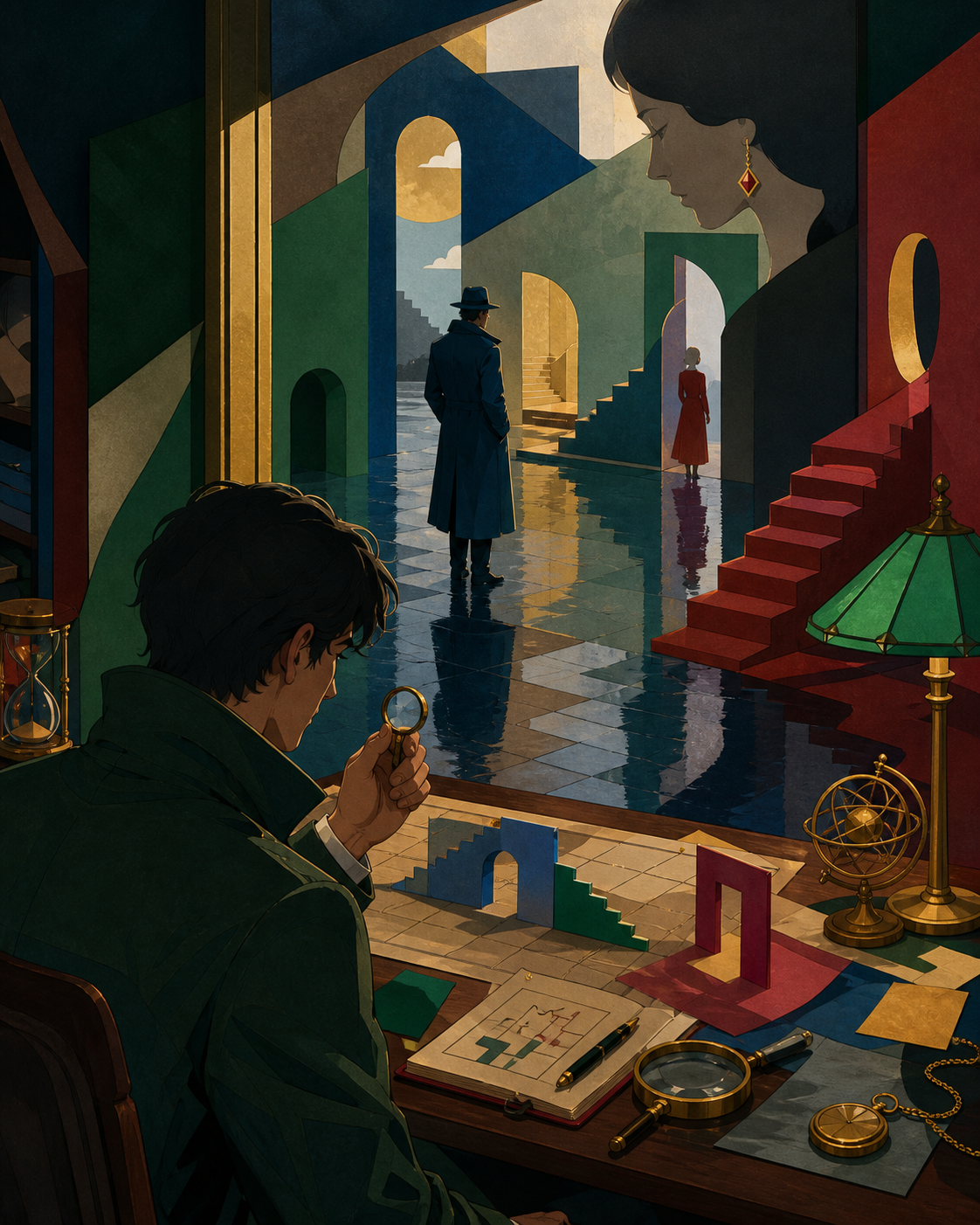 An adult detective reconstructing a crime that occurred inside a shared dream, inside a precise but surreal investigation scene with no violence shown. Cinematic noir frame using doorways and reflected figures to layer t