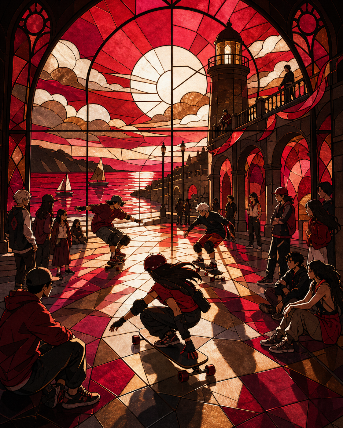 Longboard dancers rehearsing along a closed seaside promenade, as passersby form an informal audience. Ensemble composition linking several different activities across the plaza. Crimson, black cherry, muted bronze, and 