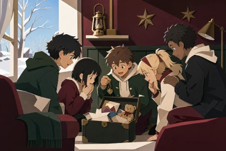 A mixed friend group opening a time capsule they buried as children, as one simple gesture resolves an unspoken misunderstanding. Observational side view that feels candid rather t