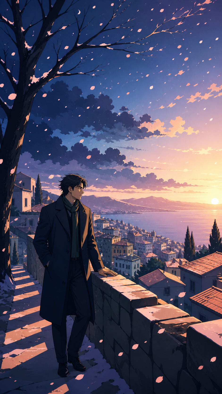 A hillside town waking beneath the first impossible pink snowfall, at the transition between two kinds of weather. Tranquil landscape panorama with a strong foreground-to-distance rhythm. Moonlit indigo, oxidized copper,