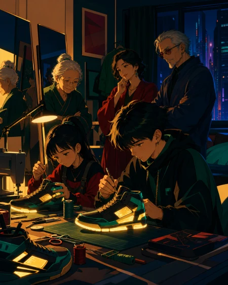 Siblings customizing luminous sneakers in a compact bedroom studio, as several generations exchange style ideas. Group editorial frame built around contrasting silhouettes. Emerald