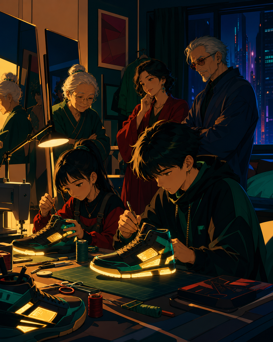 Siblings customizing luminous sneakers in a compact bedroom studio, as several generations exchange style ideas. Group editorial frame built around contrasting silhouettes. Emerald, stained-glass ruby, lapis, and luminou