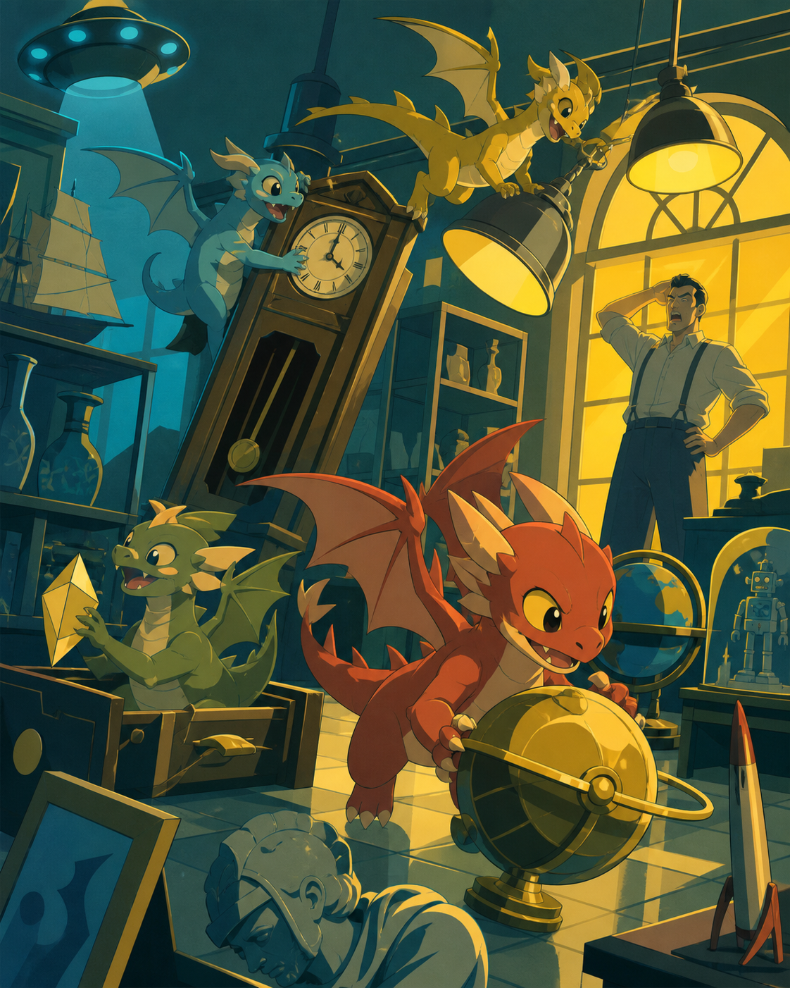 Newly hatched pocket dragons turning a quiet antique shop upside down, working together with tremendous confidence and very little competence. Ensemble comedy tableau with several connected visual jokes. Clay red, sage, 