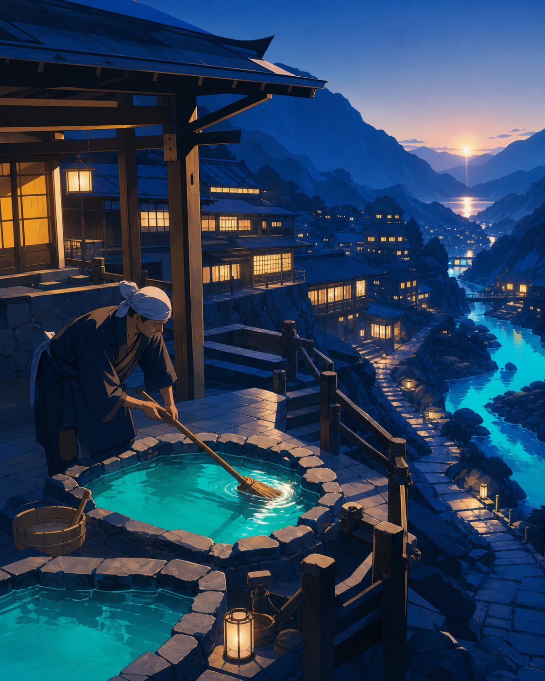 An innkeeper preparing outdoor baths before sunrise, on a cold evening when every window feels welcoming. Elevated town view following warm windows down toward the river. Ultramarine, bioluminescent turquoise, pearl, and