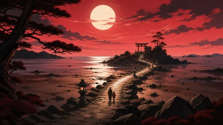 A coastal shrine path uncovered only during the lowest winter tide, with sparse human activity grounding an otherwise expansive landscape. Tranquil landscape panorama with a strong