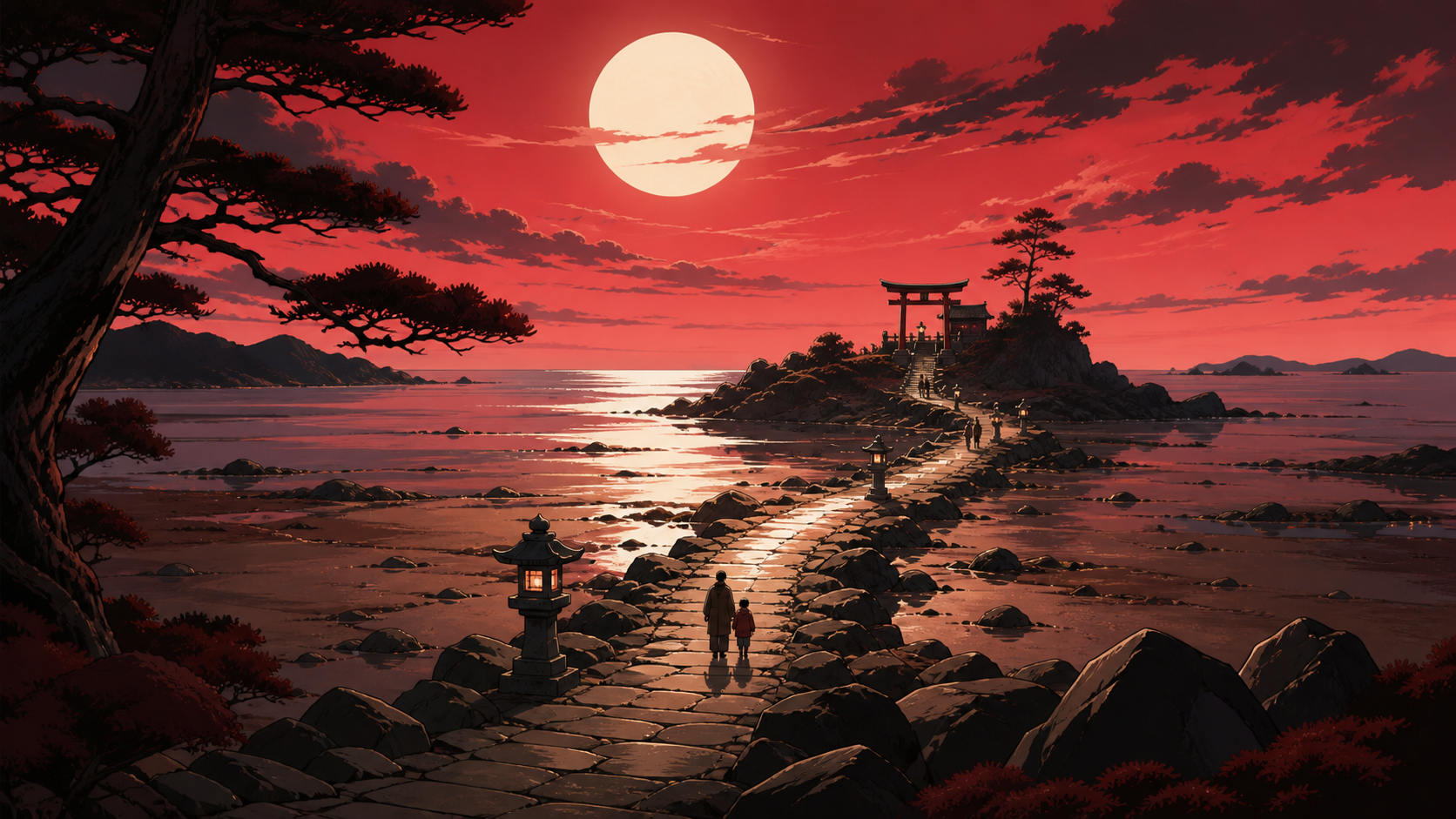 A coastal shrine path uncovered only during the lowest winter tide, with sparse human activity grounding an otherwise expansive landscape. Tranquil landscape panorama with a strong foreground-to-distance rhythm. Crimson,