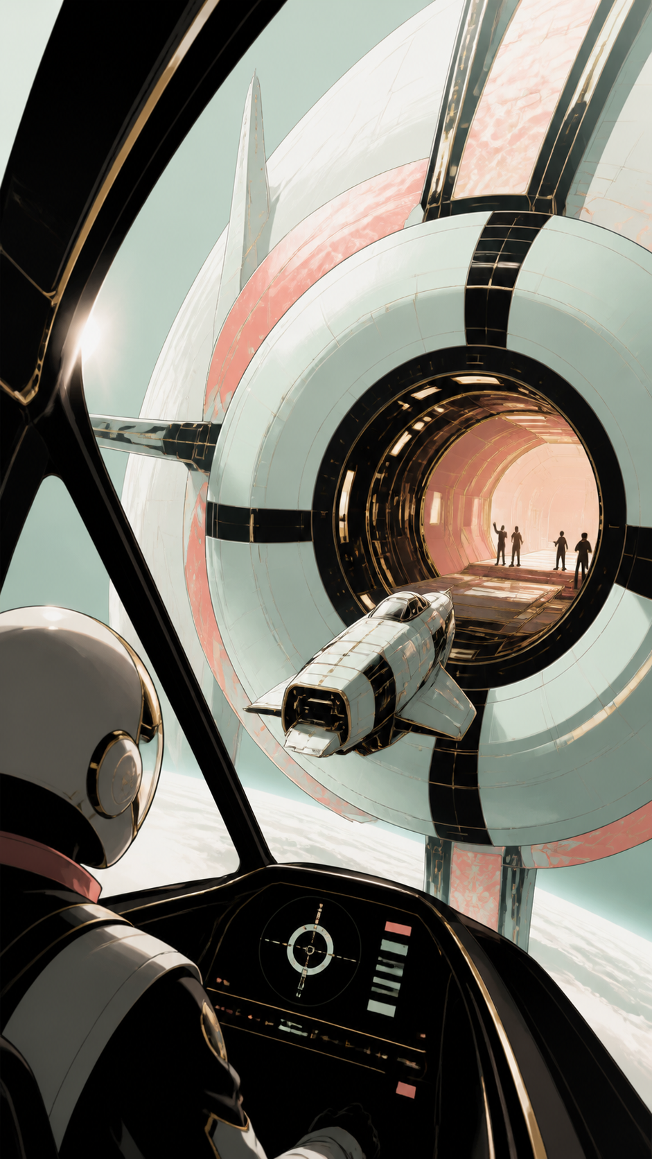 An adult salvage pilot docking with a silent ring-shaped station, during a carefully coordinated operation with clear roles. Helmet-level view toward the destination across a large structure. Celadon, coral pink, ink bla