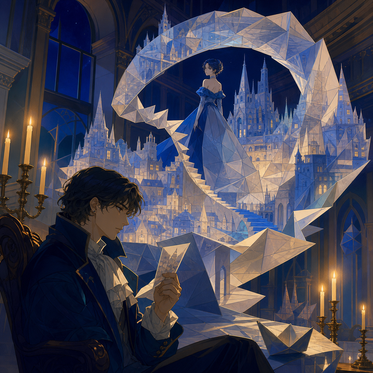 A city assembled entirely from folded memories represented as translucent paper, using one impossible transformation as the central visual rule. Carefully staged surreal tableau with a single unmistakable focal point. Ul