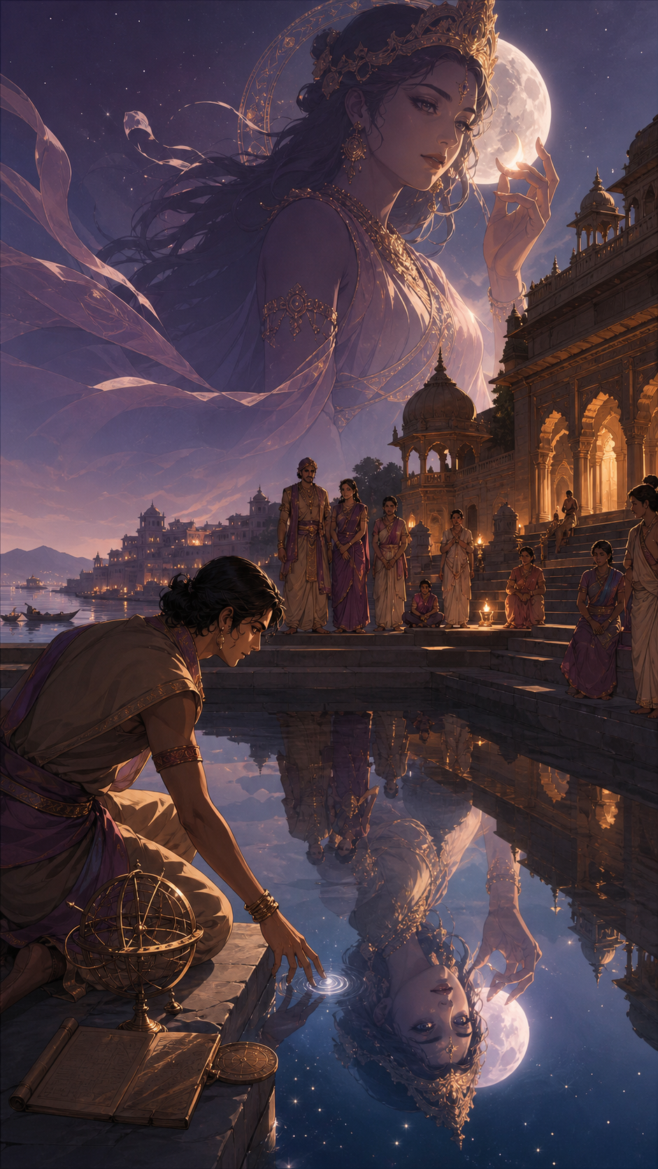 An astronomer discovering a second sky reflected beneath a palace pool, during a vibrant original legend about duty, love, and transformation. Wide celestial encounter balancing a human crowd with one immense divine form