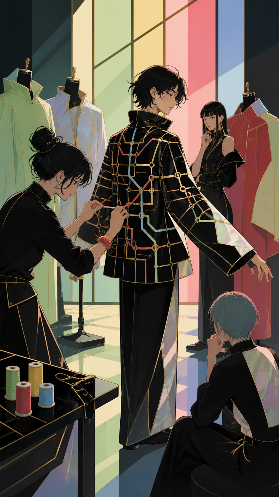 A streetwear seamstress constructing a jacket inspired by city transit maps, inside a clean studio where every garment has a distinct silhouette. Backstage ensemble scene organized around the central fitting. Soft pistac