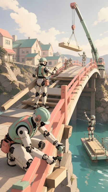 A team of service robots rebuilding a neighborhood footbridge after a storm, during the steady practical work after the immediate danger has passed. Strong diagonal composition fol