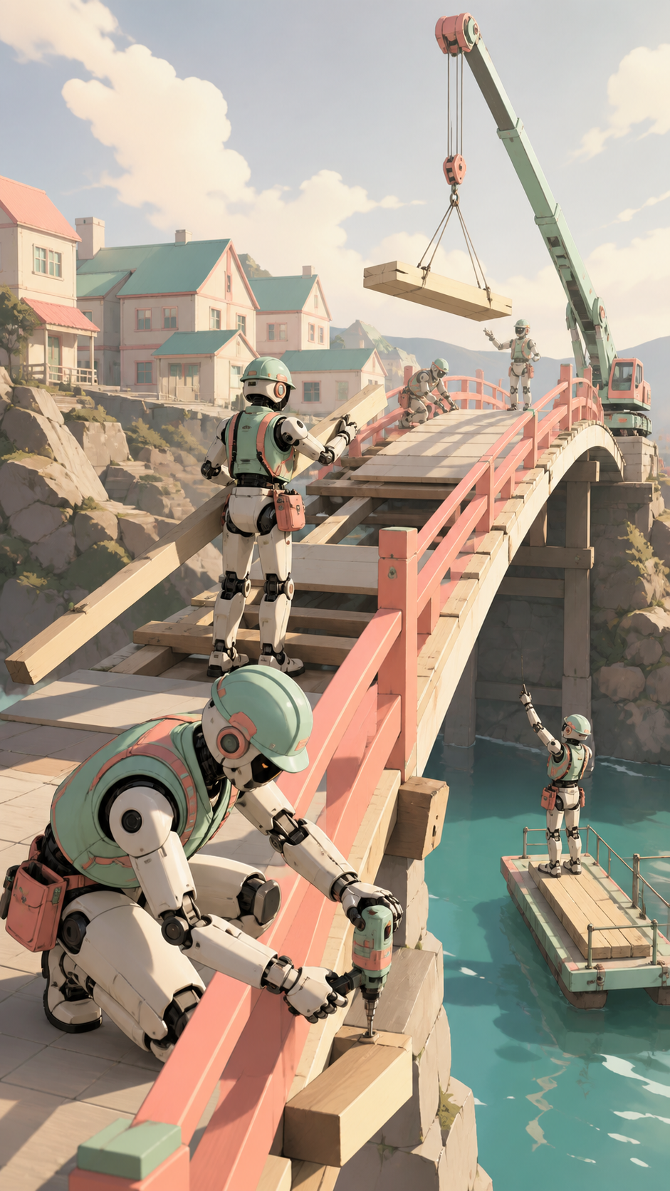 A team of service robots rebuilding a neighborhood footbridge after a storm, during the steady practical work after the immediate danger has passed. Strong diagonal composition following a rescue line across the scene. C