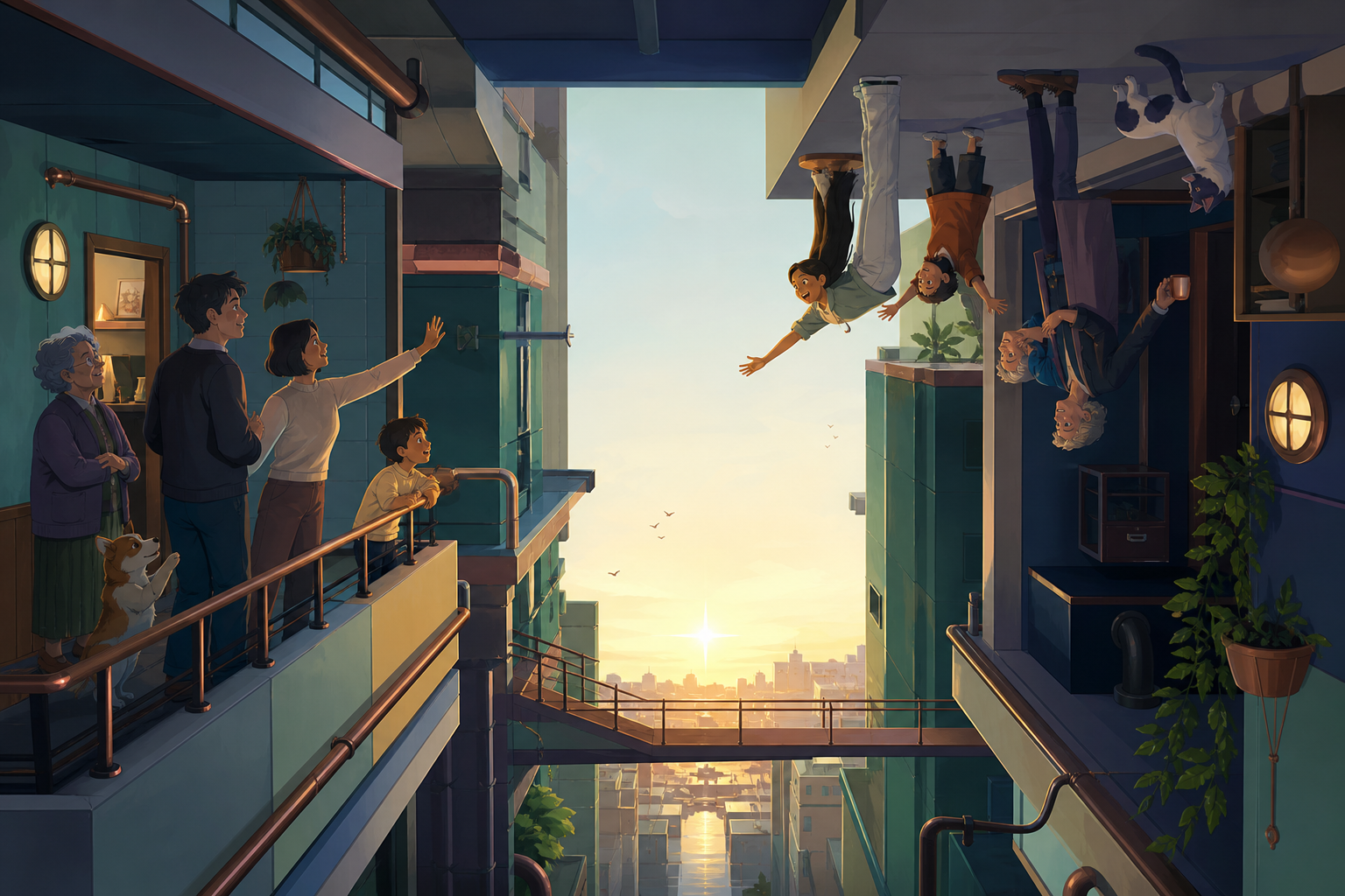 An apartment family greeting neighbors whose gravity runs upward, with both orientations equally livable and visually clear. Vertical bridge view emphasizing the shared open-air center. Moonlit indigo, oxidized copper, p
