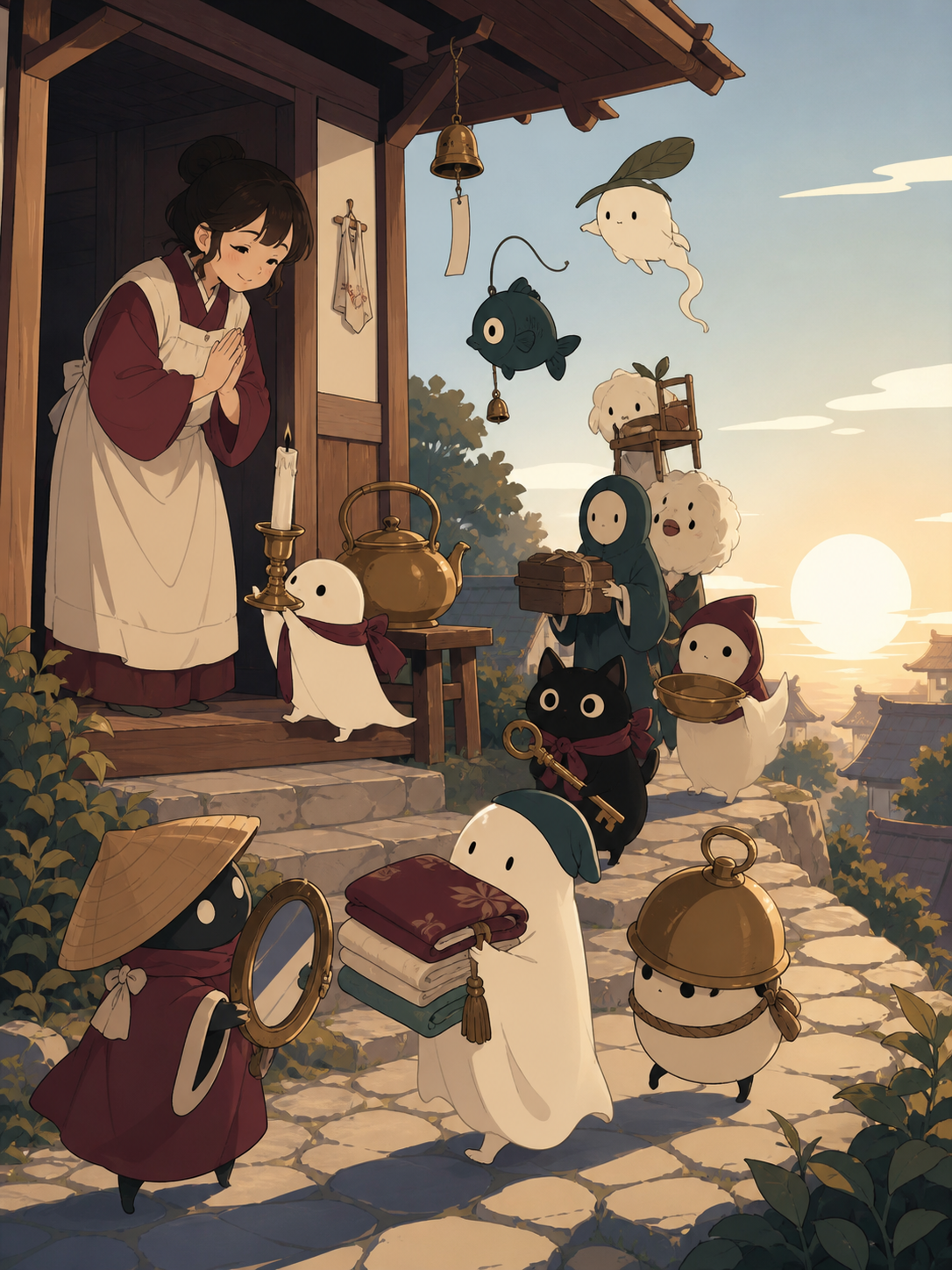 A procession of forgotten household spirits returning borrowed objects, performing a small ritual whose meaning is revealed through objects. Storybook narrative scene with a clear beginning and implied aftermath. Burgund