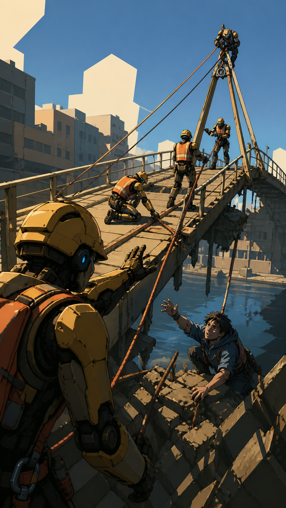 A team of service robots rebuilding a neighborhood footbridge after a storm, at the moment a difficult rescue becomes visibly possible. Strong diagonal composition following a rescue line across the scene. Amber, walnut 