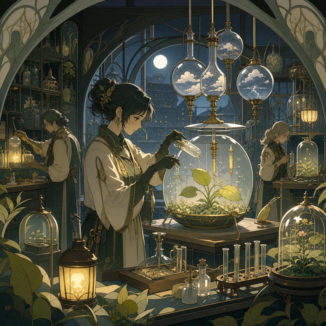 A botanical laboratory where bottled weather feeds rare seedlings, during a busy workday filled with several precise ongoing tasks. Room-wide workshop view organized around a strong central craft action. Moss green, slat