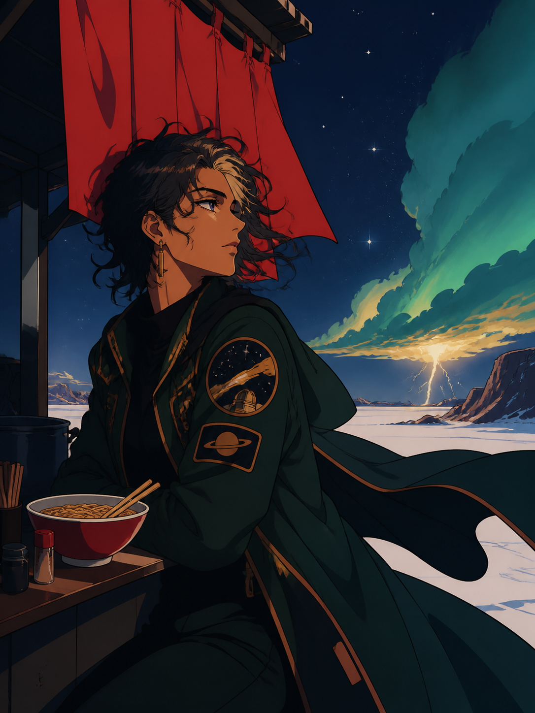An adult nonbinary astronomer with a patched observatory uniform, waiting at the last open noodle stand before a supernatural storm. Intimate three-quarter view with strong foreground and background layers. Emerald, stai