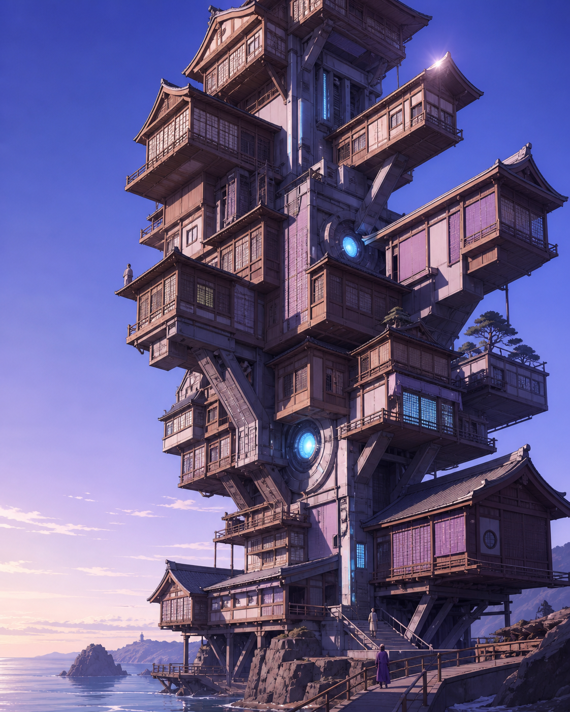 A seaside apartment tower assembled from stacked traditional tea houses, with a few tiny figures quietly exploring its impossible geometry. Dramatic vertical composition emphasizing scale and impossible geometry. Mulberr