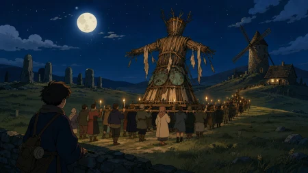 A village procession carrying an enormous field effigy toward the hills, as an outsider must decide whether escape or understanding is still possible. Distant observer view of a pr