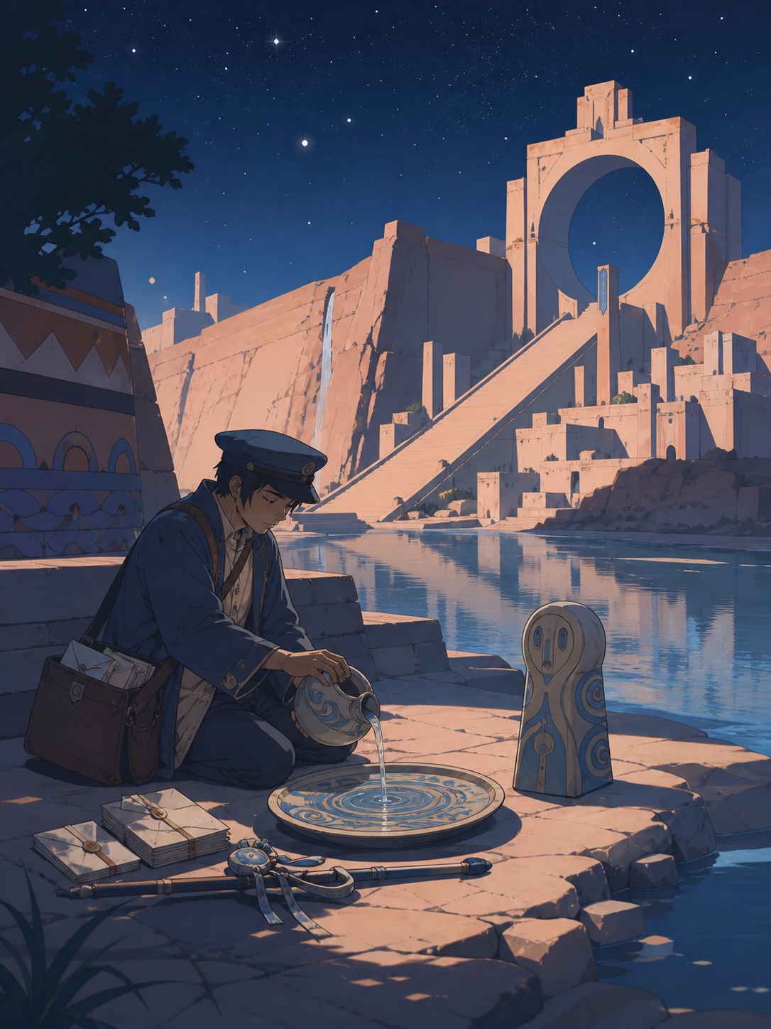 A river deity disguised as a tired rural mail carrier, performing a small ritual whose meaning is revealed through objects. Storybook narrative scene with a clear beginning and implied aftermath. Sun-bleached peach, dese