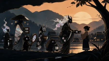 A procession of forgotten household spirits returning borrowed objects, at the edge of a village that appears only once every ten years. Balanced ensemble composition with one stro