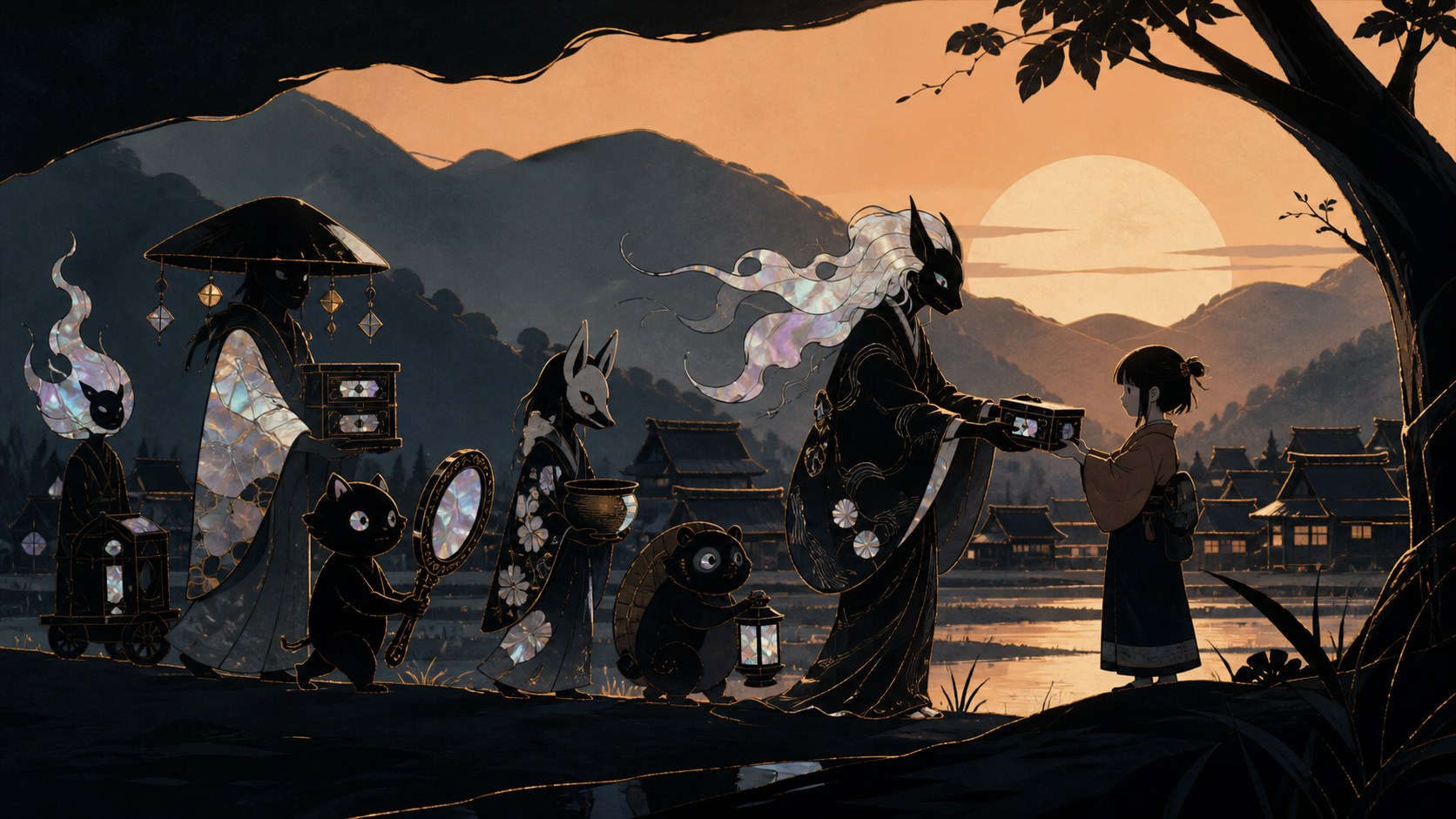 A procession of forgotten household spirits returning borrowed objects, at the edge of a village that appears only once every ten years. Balanced ensemble composition with one strong focal action. Sun-bleached peach, des