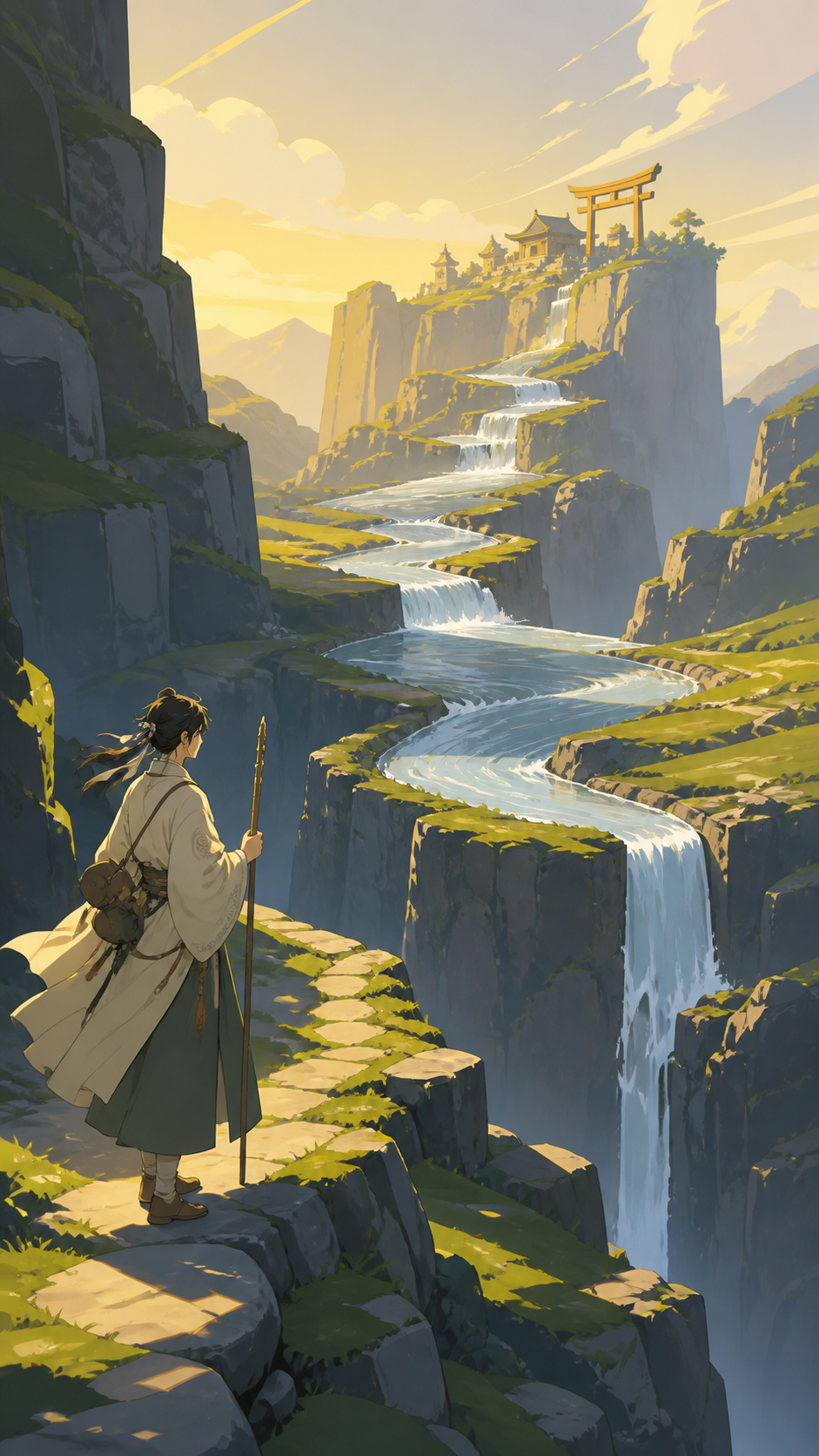 A shrine keeper following a river that briefly flows upward, at the moment the travelers first see the place they sought. Elevated route composition connecting several altitude levels. Moss green, slate gray, mushroom cr