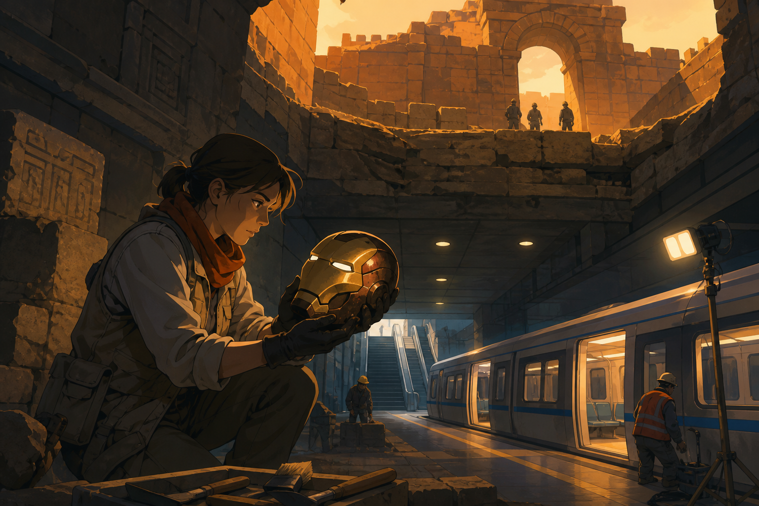 An adult archaeologist uncovering a subway platform beneath an ancient hill fort, as a familiar artifact appears in an impossible historical context. Vertical chamber composition with people placed clearly for scale. Cob