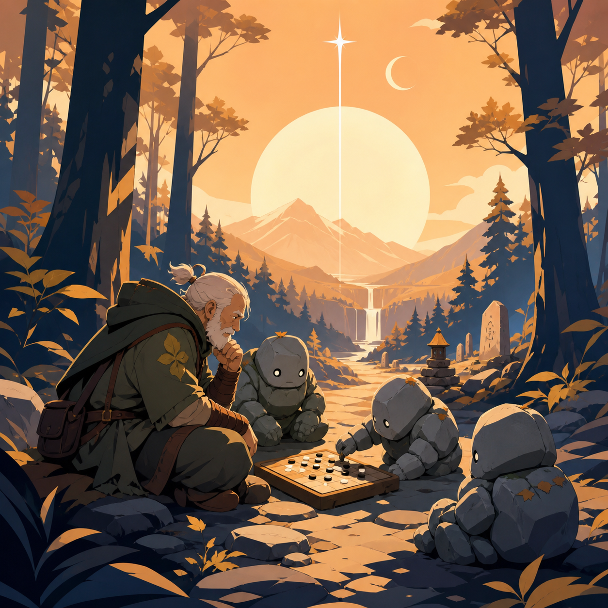 An elderly ranger playing board games with small stone beings, as the forest community prepares for a seasonal change. Wide path composition leading the group toward a clear destination. Sun-bleached peach, desert ochre,