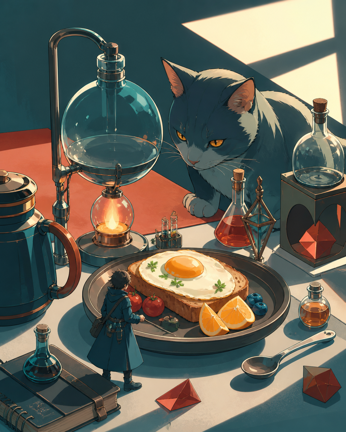 A traveling alchemist's breakfast arranged among curious glass instruments, lit for a magical late-night café menu without any written text. Carefully composed tabletop still life viewed slightly from above. Petrol blue,