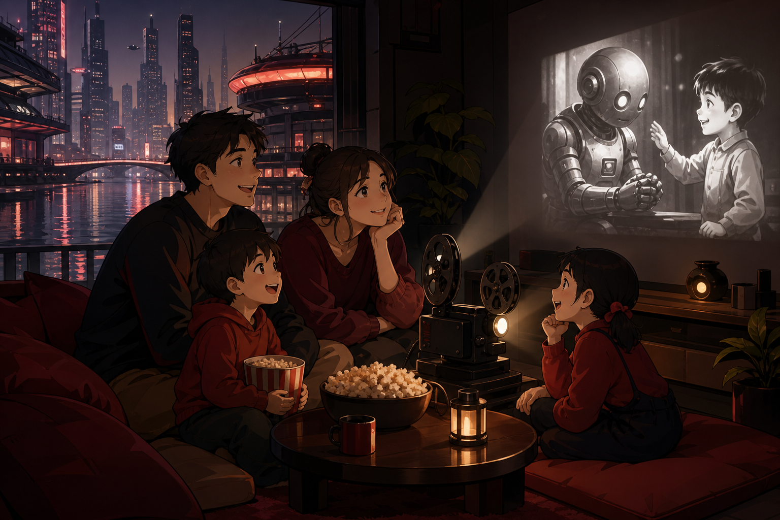 A family watching an old analog film beside a future city canal, on a free evening when the city feels playful rather than threatening. Table-height ensemble centered on expressive reactions. Crimson, black cherry, muted