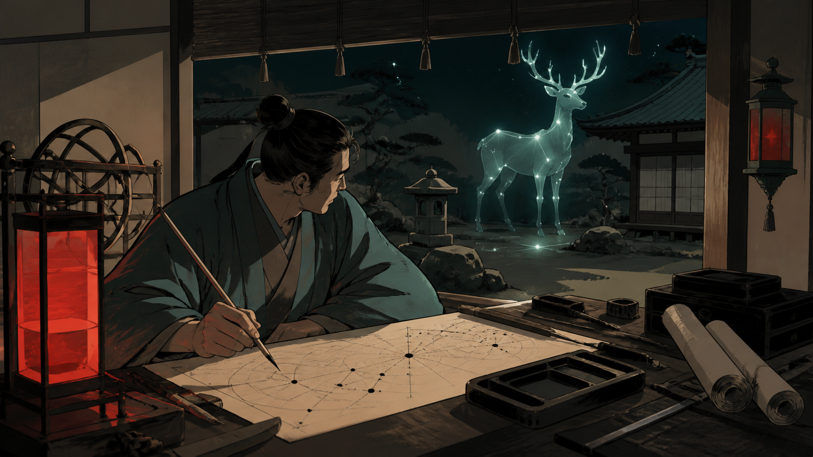 An Edo-period astronomer mapping a constellation that has descended into the garden, grounded in convincing period materials with one restrained supernatural event. Painterly historical scene centered on work, place, and