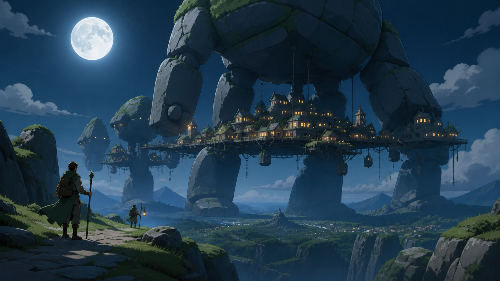 A mountain village suspended beneath migrating stone giants, with tiny travelers revealing the monumental scale. Wide landscape composition with dramatic foreground framing. Moss green, slate gray, mushroom cream, and wa