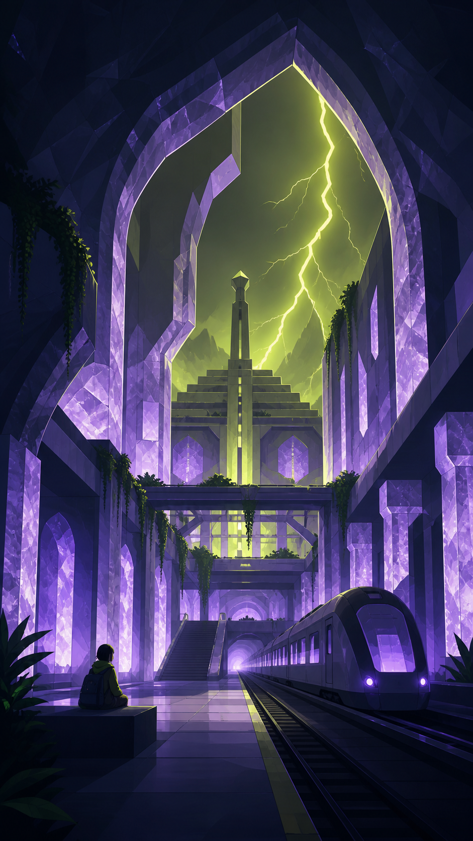 An underground railway cathedral carved from luminous salt, during a storm that illuminates every interior room at once. Architectural hero view with controlled symmetry and deep spatial layers. Acid lime, ultraviolet, m