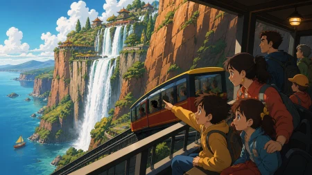 Families riding a hillside funicular toward a cliffside garden, during a rest stop that emphasizes scale and companionship. Epic wide landscape with the waterfall forming a strong 