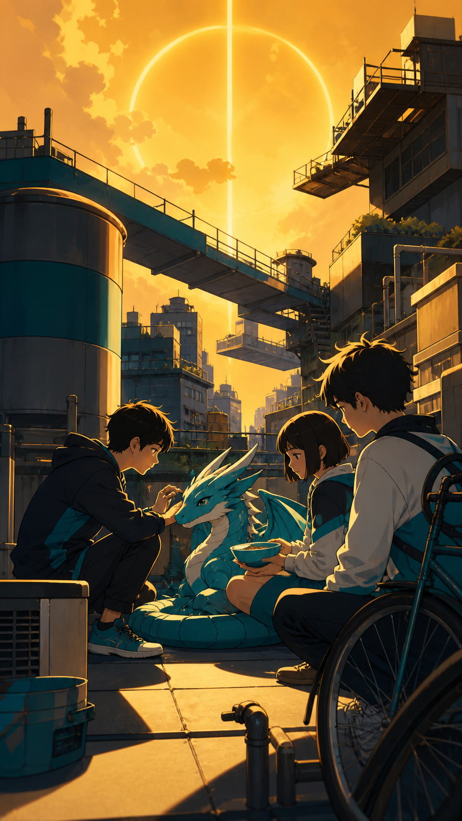 Teen friends caring for a small dragon that nests beside water tanks, during sunset as rooftops briefly connect into hidden pathways. Low intimate view with the supernatural element rising behind the group. Saffron, peac