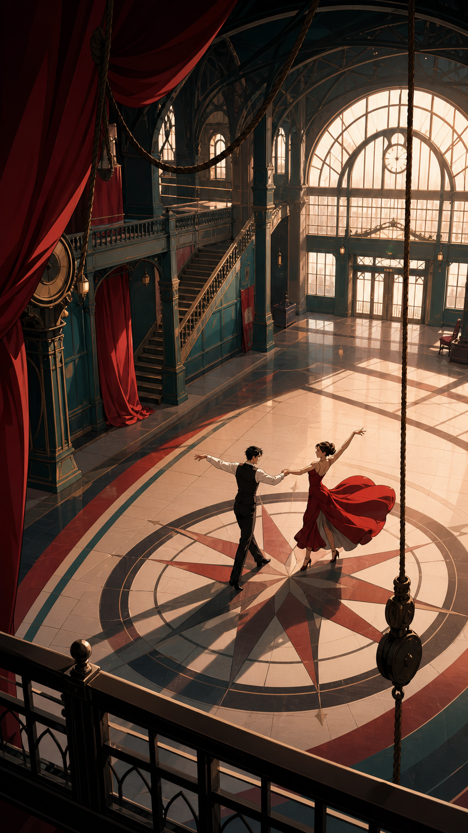 Two adult ballroom dancers practicing in an empty railway terminal, during rehearsal with visible stagecraft adding to the charm. High balcony view turning choreography into clear graphic patterns. Vermillion, charcoal, 