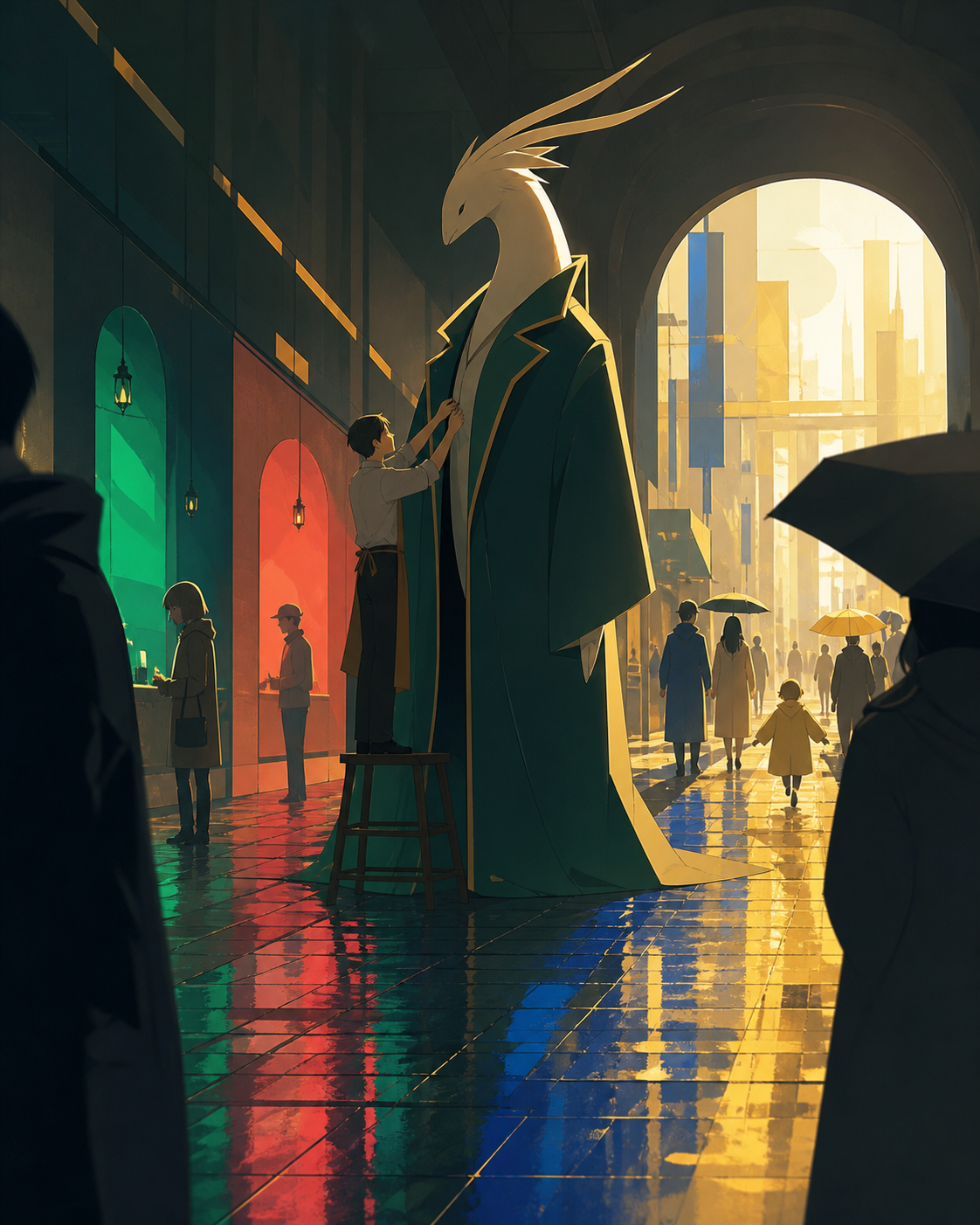 A tailor fitting an impossible coat in a crowded underground arcade, just after rain leaves every street reflecting a different color. Observational street-level frame with foreground movement and a clear focal story. Em