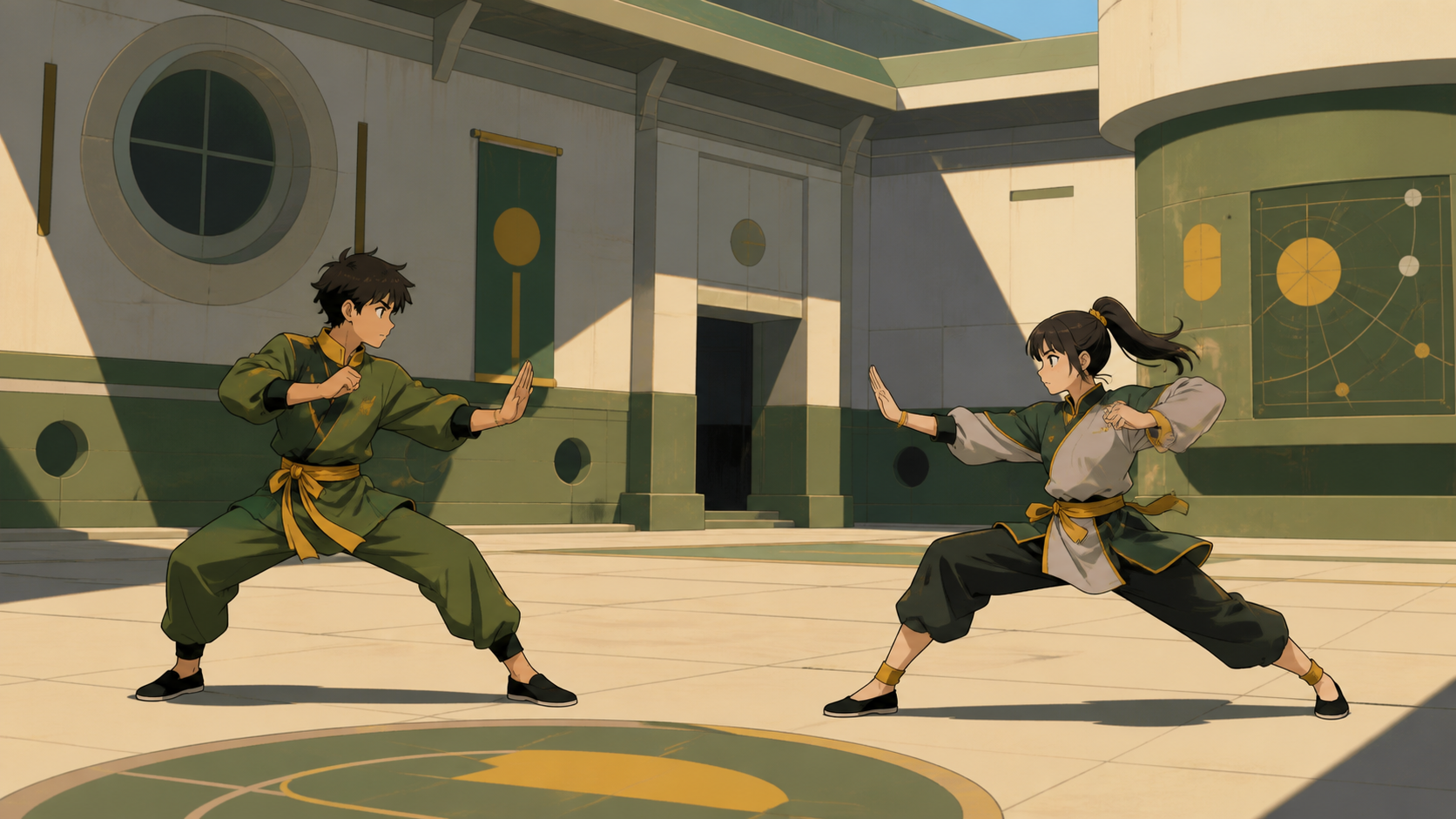 Two teenage martial artists sparring respectfully in a school courtyard, as one fighter changes strategy after recognizing an old lesson. Wide side-on frame showing both complete poses and the space between them. Moss gr