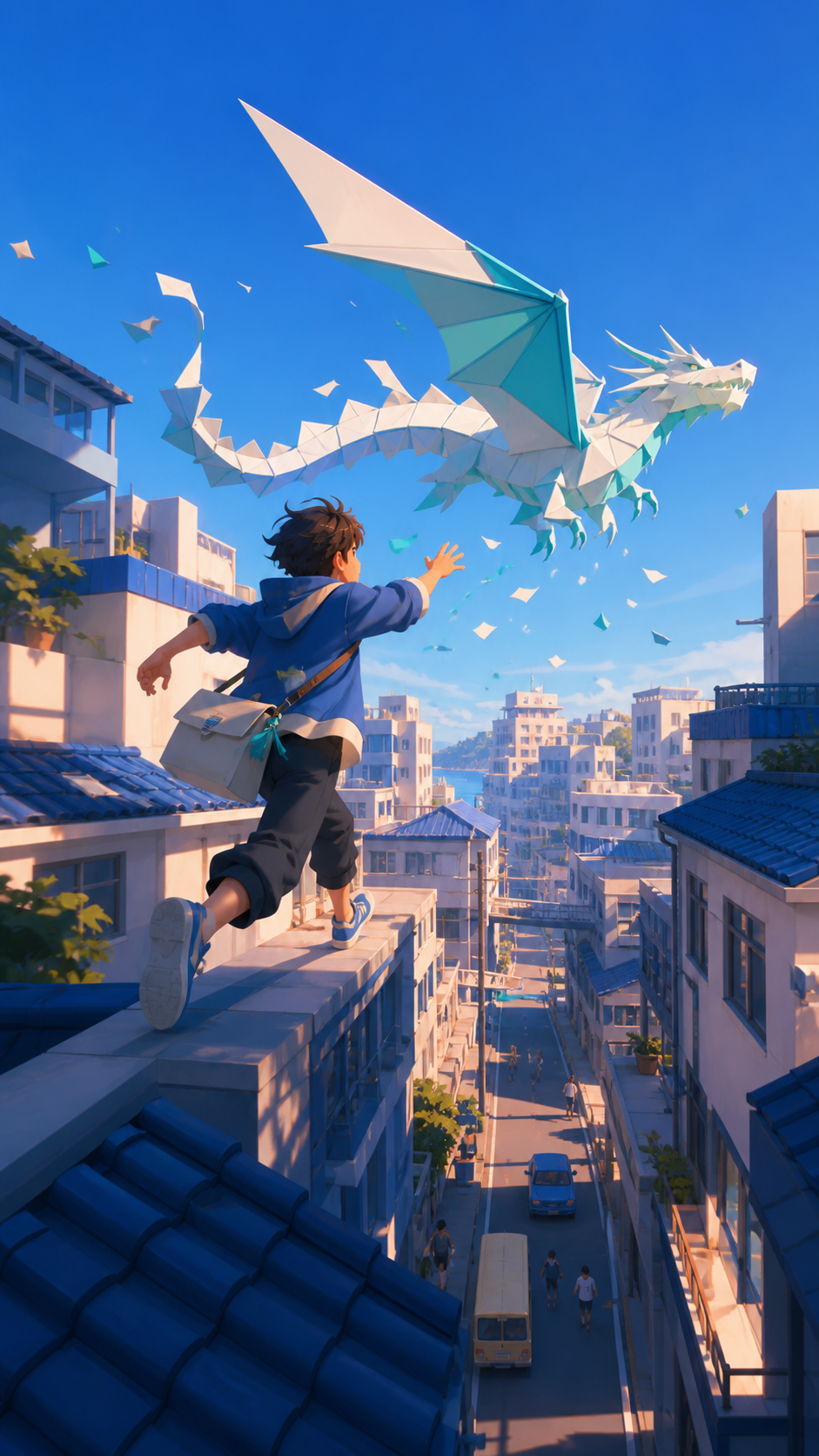 A teenage messenger pursuing a runaway paper dragon across rooftops, during bright daytime with the city functioning normally around them. High-angle route view following movement through intersecting streets. Ultramarin