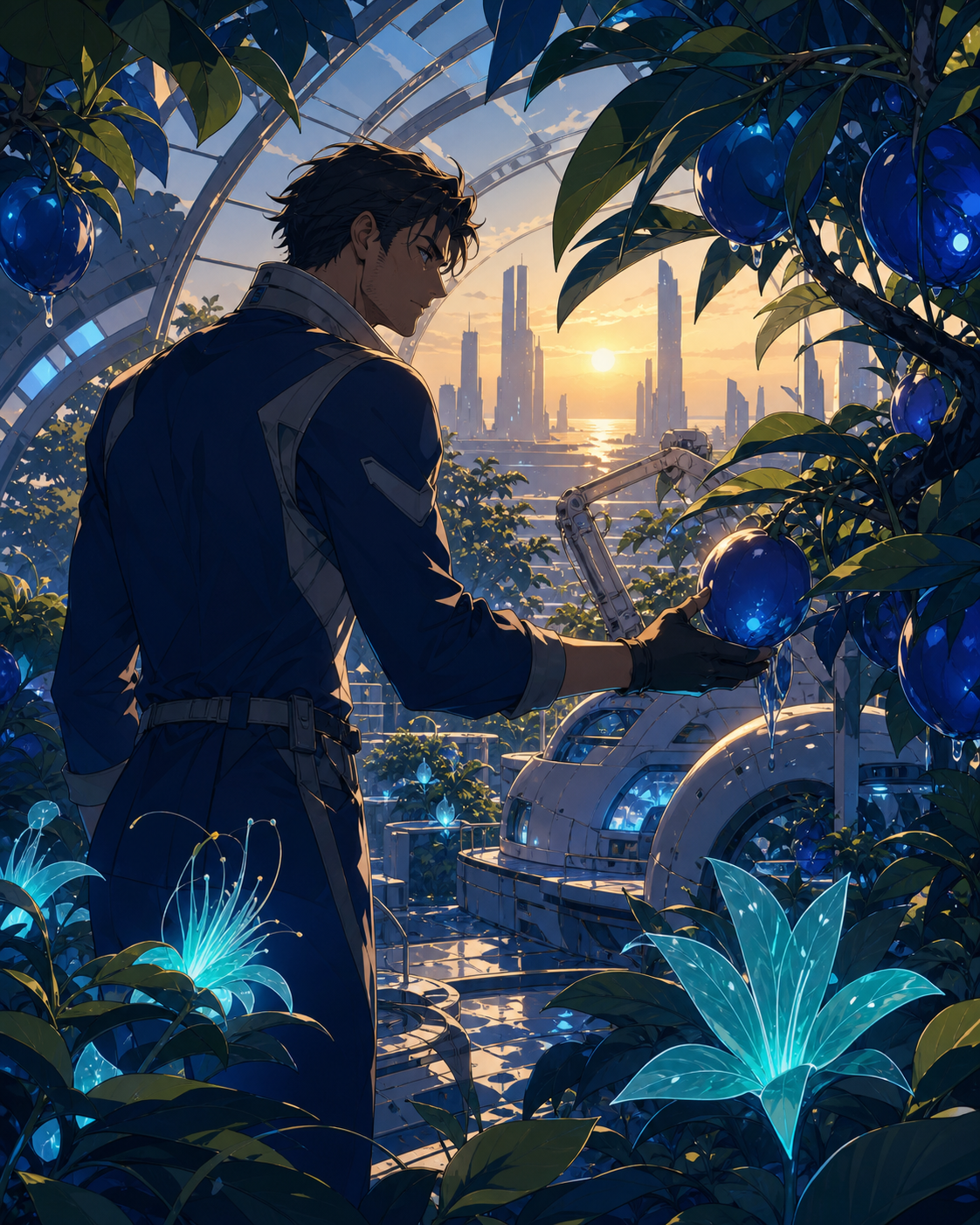 A greenhouse spacecraft tending the last orchard from Earth, after rainfall activates hidden biological structures throughout the scene. Lush environmental composition with technology discovered gradually among plants. U