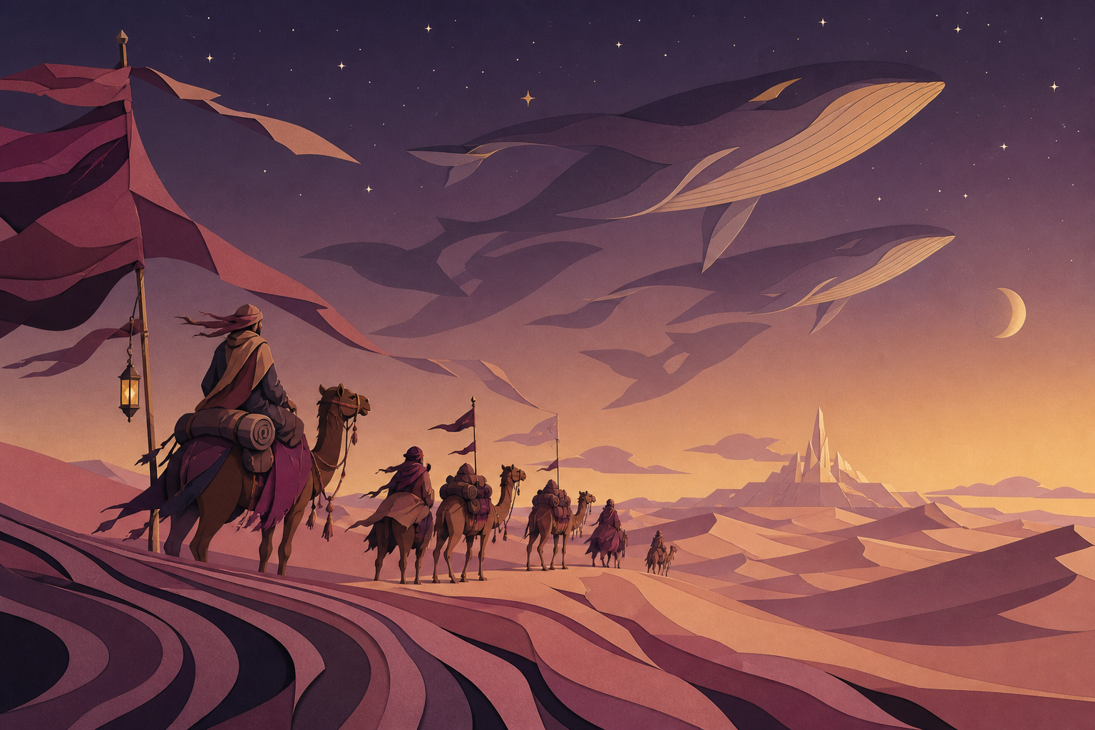 A caravan following the migrating shadows of enormous sky whales, seen in the blue hour when heat gives way to starlight. Low desert viewpoint using foreground wind patterns to lead toward the destination. Muted rose, pa
