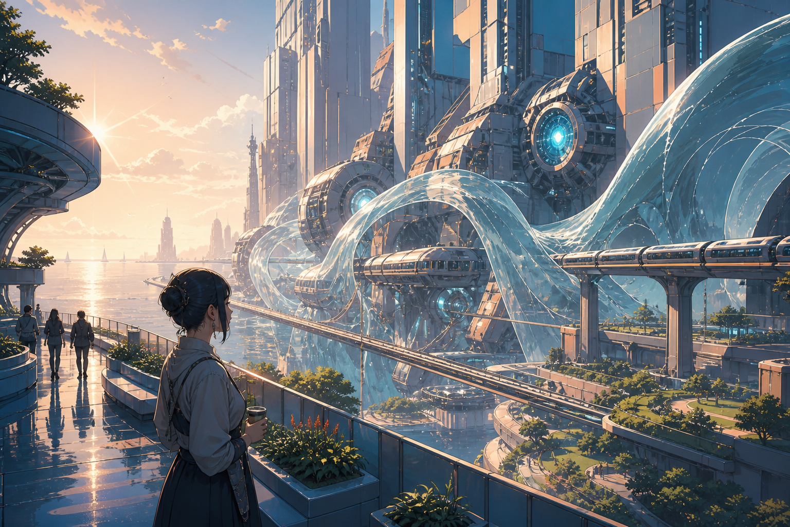A vertical coastal city whose transit lines move through enormous transparent waves, on a humid night after rain, full of reflections and everyday life. Grand city panorama balanced by one intimate foreground detail. Sun