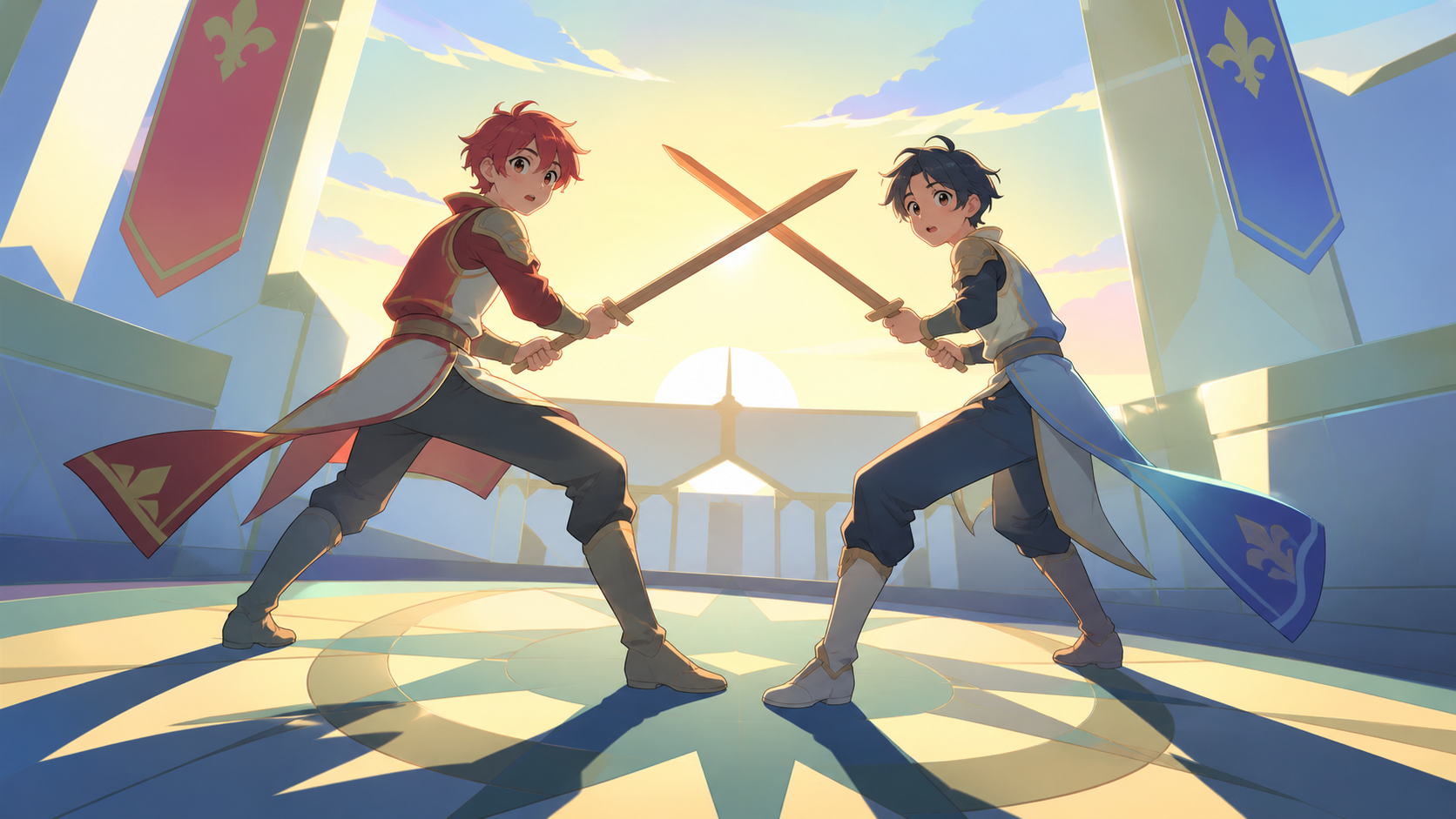 Two young royal guards practicing with wooden blades at dawn, in the instant both combatants realize the conflict has another solution. High-angle geometric composition built around crossing movement paths. Soft pistachi